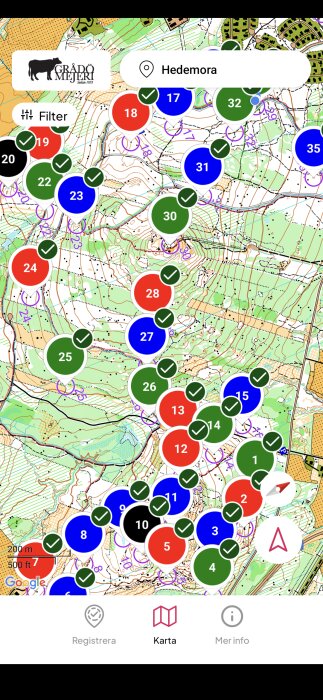 Karta över Hedemora med färgglada markörer och siffror, inklusive filteralternativ. Grådö Mejeri-logotyp synlig i övre vänstra hörnet.