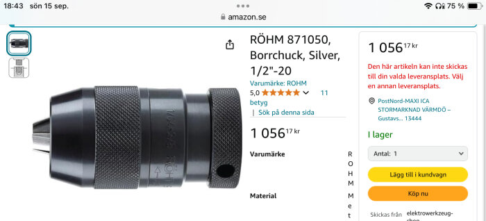 Produktbild av en borrchuck, märkt RÖHM 871050, till ett pris av 1056,17 kronor på Amazon.se. Borrchucken är silverfärgad, 1/2"-20 storlek.