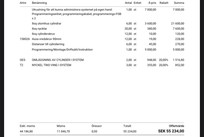 Offert från ett låsföretag för installation av iloq-låssystem med specificerade kostnader, inklusive cylindrar, nycklar, programmeringsenhet och arbete med totalpris SEK 55 234.