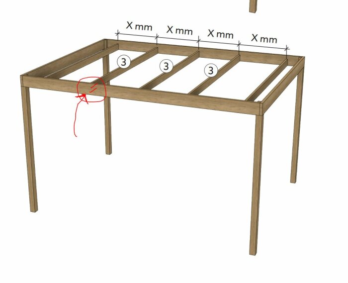 Illustration av en pergolastomme med måttangivelser och markeringar för skruvpositioner. Fyra ben och tre tvärgående balkar överst.