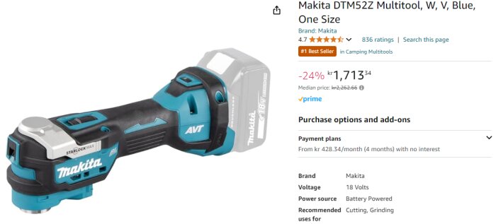 Makita DTM52Z multiverktyg i blått och svart, säljs till 24% rabatt på Amazon.se. Verktyget är batteridrivet, rekommenderat för skärning och slipning.