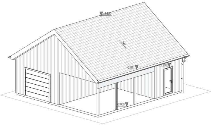 Skiss av ett enbilsgarage med mått och detaljer på väggar, fönster, dörrar och tak. Skissen visar även fasadmätarskåpets placering på garageväggen.