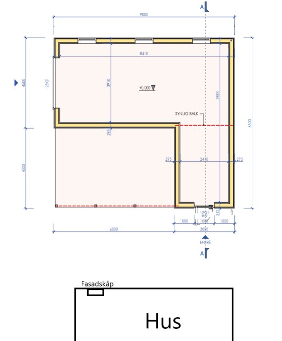 Planskiss som visar placering av ett nytt garage i förhållande till huset, med måttangivelser och markeringar för fasadmätarskåp och synlig balk i byggnaden.