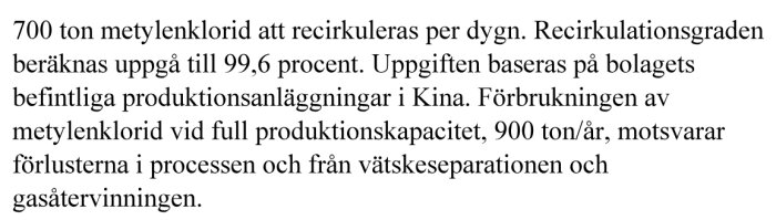 Text från miljötillstånd som beskriver recirkulation och förbrukning av metylenklorid vid produktion av film för litiumbatterier.