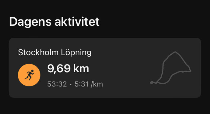 Skärmbild av en löpningsaktivitet i Stockholm som är 9,69 km lång på 53:32 minuter med en hastighet av 5:31 min per km.