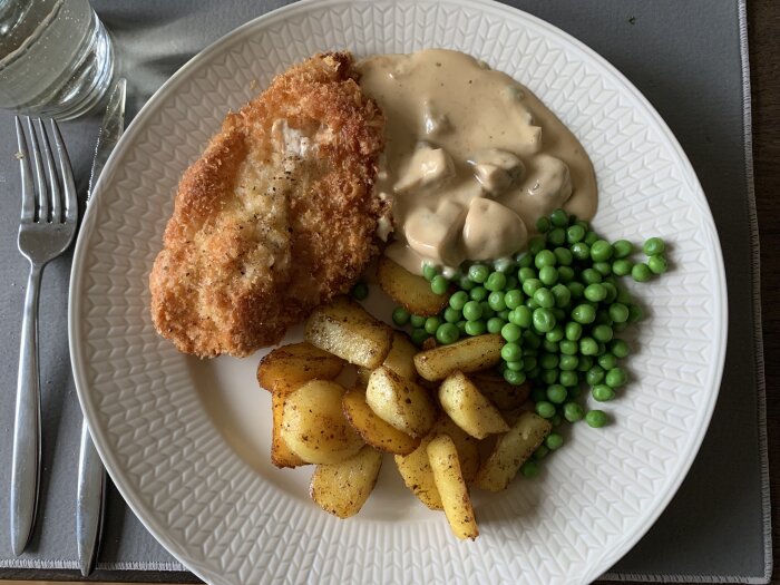 En tallrik med kycklingschnitzel, råstekt potatis, svampsås och gröna ärtor.