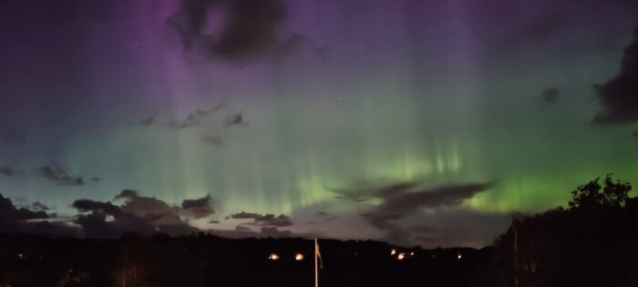 Nordljus med gröna och lila strålar på kvällshimlen ses från en altan på västkusten. Mörka siluetter av träd och hus i förgrunden.