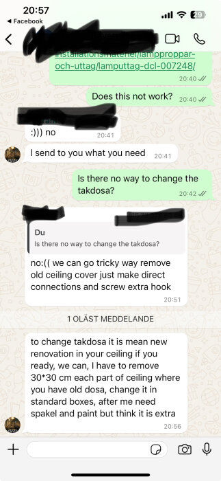 Skärmdump av WhatsApp-konversation om byte av takdosa efter en renovering, med detaljer om olika lösningar och deras kostnader och arbetsinsats.