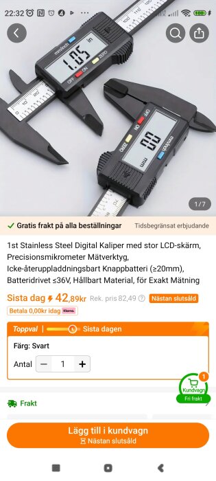 Digital kalliper med stor LCD-skärm som visar 1,05 tum. Produkten har ett erbjudande med gratis frakt och pris på 42,89 kr, färg svart och snabbt flyttbar för mätningsändamål.