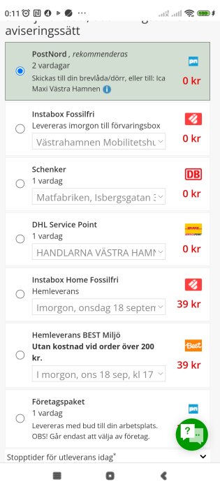 Skärmbild av olika fraktalternativ vid en onlinebeställning, inklusive PostNord, Instabox Fossilfri, Schenker, DHL Service Point, Instabox Home Fossilfri, Hemleverans BEST Miljö och Företagspaket.