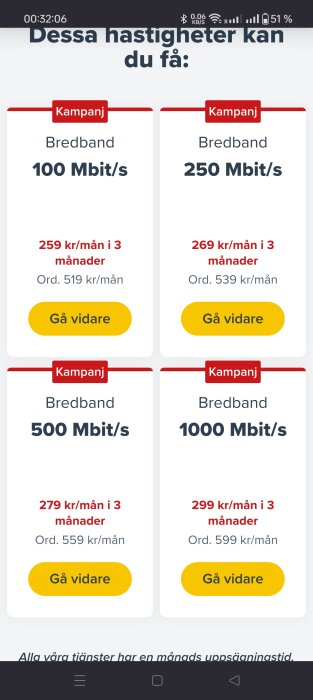 Kampanjerbjudande på bredbandsabonnemang med hastigheterna 100 Mbit/s, 250 Mbit/s, 500 Mbit/s och 1000 Mbit/s med tillfälliga månadspriser.