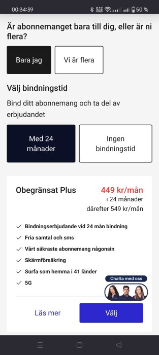 Gränssnitt för val av mobilabonnemang med bindningstid erbjudande och detaljer om Obegränsat Plus-planen för 449 kr/mån i 24 månader.