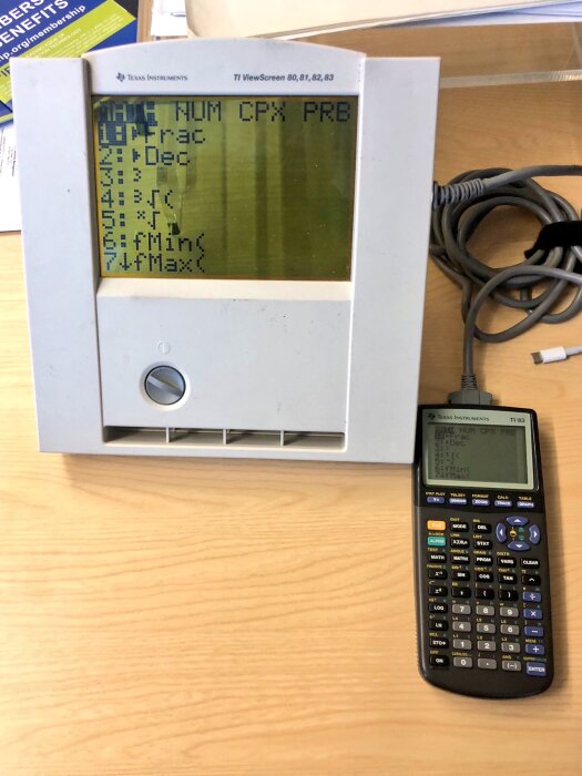 En projektor för miniräknare och en Texas Instruments TI-83+ miniräknare placerad på ett skrivbord, bägge visar samma meny på skärmen.