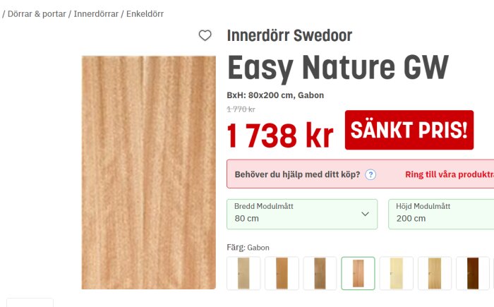 Bild av en Swedoor innerdörr, modell Easy Nature GW i färgen Gabon, med måtten 80x200 cm och ett sänkt pris på 1738 kr.