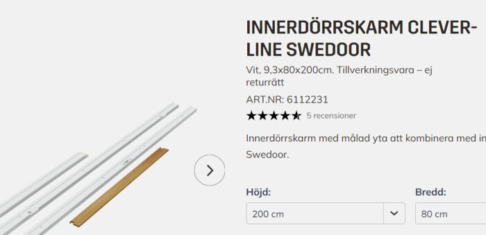 Innerdörrskarm Clever-Line Sweedoor i vit färg med mått 9,3x80x200 cm, inklusive tre vita delar och en träfärgad del, med produktspecifikationer på höger sida.