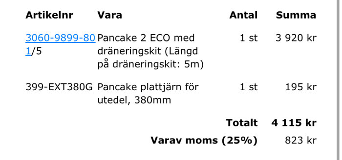 Kvitto för luftvattenpumpköp, inkluderar Pancake 2 ECO med dräneringskit (3 920 kr) och Pancake plattjärn för utedel 380mm (195 kr), total 4 115 kr inklusive moms.