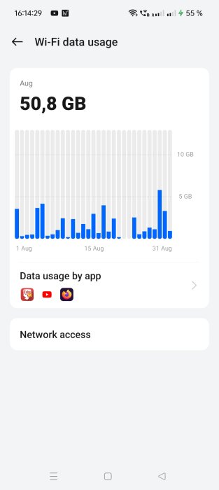 Skärmbild som visar dataförbrukning via Wi-Fi för en månad. Total dataanvändning är 50,8 GB. Diagrammet visar daglig förbrukning i augusti.