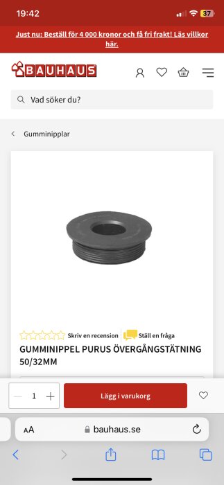 Gummipackning, märkt Purus, i storleken 50/32 mm för övergångstätning, visas på en produktbild från Bauhaus webbshop.