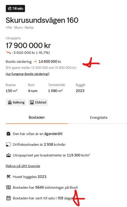 Fastighetsannons för villa på Skurusundsvägen 160 i Nacka med utropspriset 17 900 000 kr. Innehåller detaljer som boarea, antal rum, driftkostnad och antal dagar till salu.