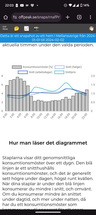 Diagram som visar genomsnittligt konsumtionsmönster för el över ett dygn, med staplar för varje timme och linjer för snitt på arbetsdagar, helger och snittpris.