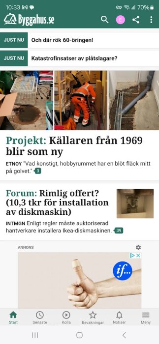 Startsidan för Byggahus.se med olika diskussionstrådar och bilder relaterade till bygg- och renoveringsprojekt.