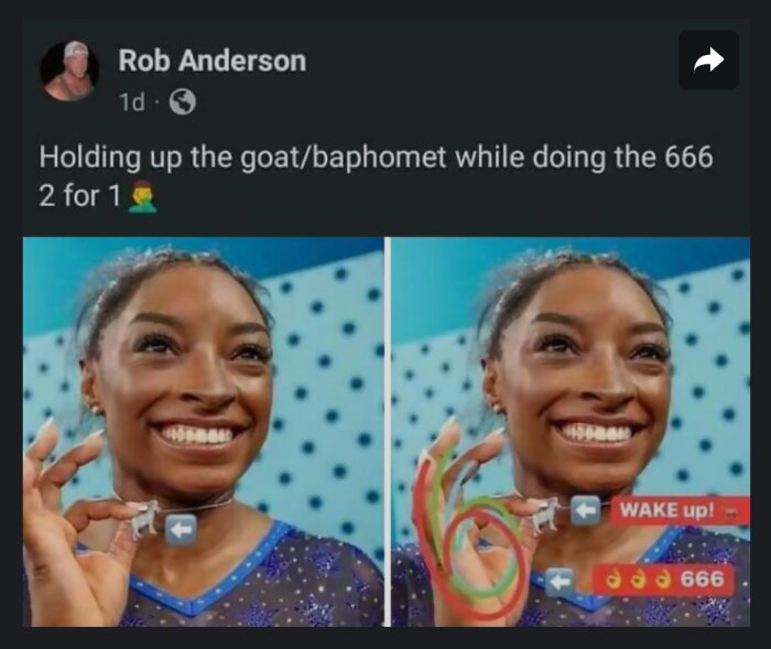 En kvinna håller upp ett gethalsband och gör ett tecken med handen med texten "WAKE up!" och "666".