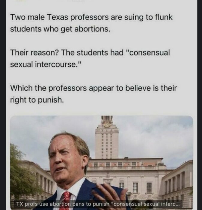 Bild med en person i kostym som håller en presentation framför en universitetsbyggnad. Skärmdump av text om Texas-professorer och abortrelaterade disciplinära åtgärder.