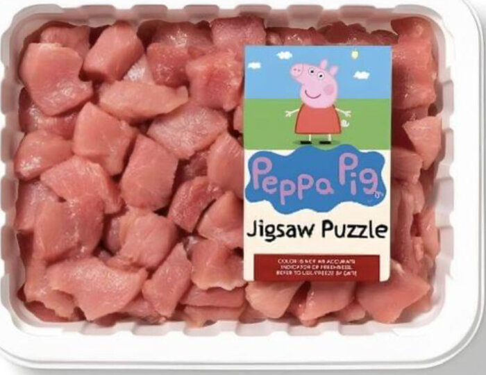 En förpackning tärnad filé med ett skämtklistermärke som ser ut som ett pussel med Peppa Pig.