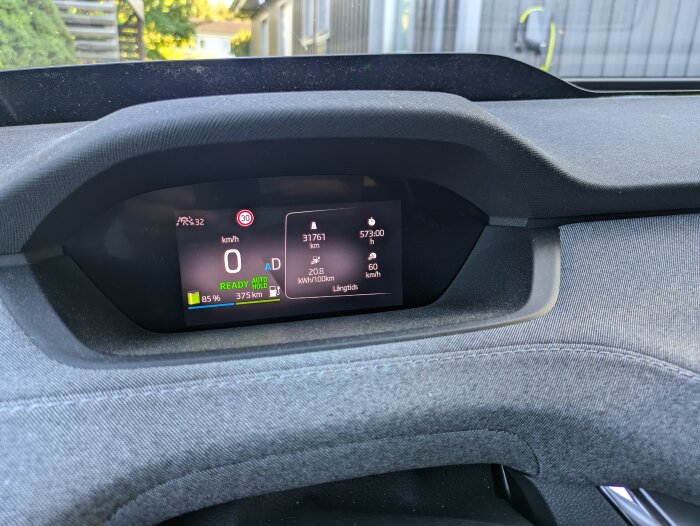 Instrumentpanel på en bil visar 31761 km, 573:00 h, 60 km/h, samt energiförbrukning på 20,8 kWh/100 km. Batterinivå 85 % ger 375 km kvarvarande räckvidd.