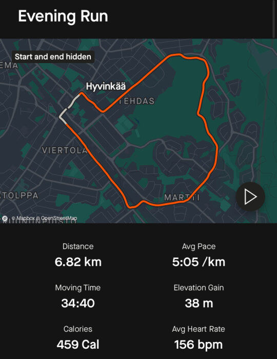 Löprunda på 6,82 km i Hyvinge med detaljer om medelfart (5:05 min/km), höjdökning (38 m), förbrukade kalorier (459), medelpuls (156 bpm) och total tid (34:40).