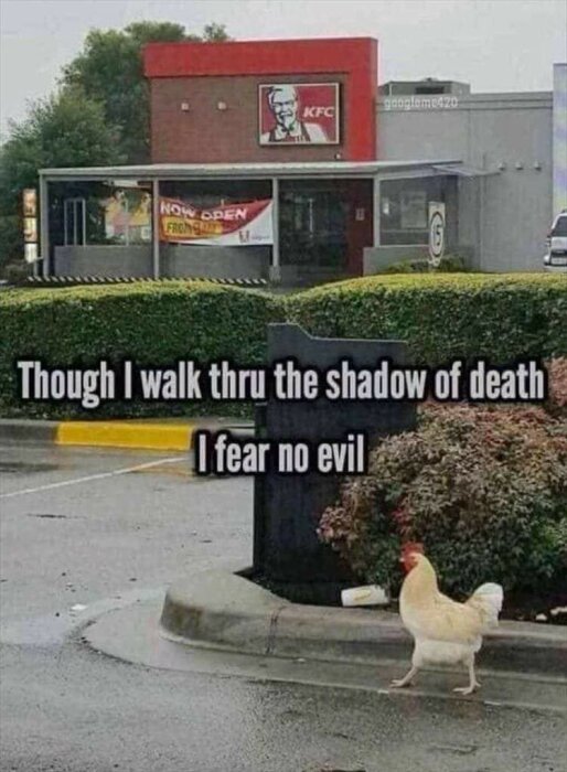 En KFC-restaurang med en höna på trottoaren i förgrunden och texten "Though I walk thru the shadow of death I fear no evil.