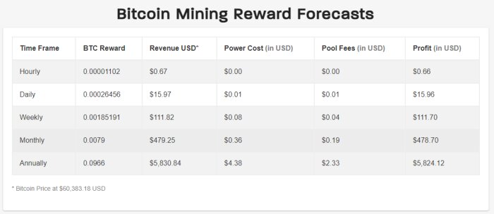 Tabell som visar prognoser för belöningar vid Bitcoin-mining, inklusive BTC-belöning, intäkt i USD, elkostnad, poolavgifter och vinst för tidsramarna timvis, daglig, veckovis, månadsvis och årlig.