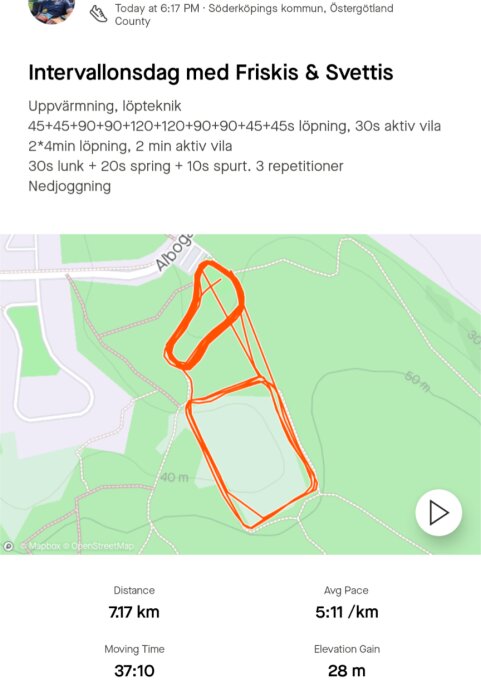 Karta med rutt för löpning från en app som visar intervallonsdag med Friskis & Svettis. Totalt avstånd: 7,17 km, medeltid: 5:11 per km, tid: 37:10, höjdökning: 28 m.