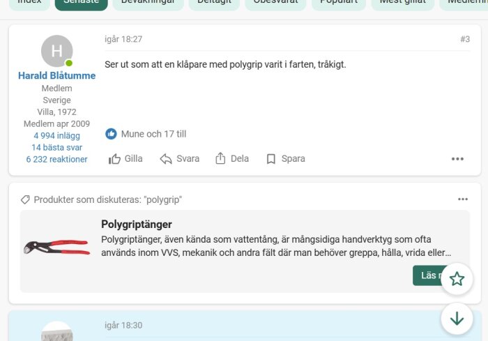 Bild av ett inlägg från ett diskussionsforum med texten "Ser ut som att en klåpare med polygrip varit i farten, tråkigt" samt en annons för polygriptänger.