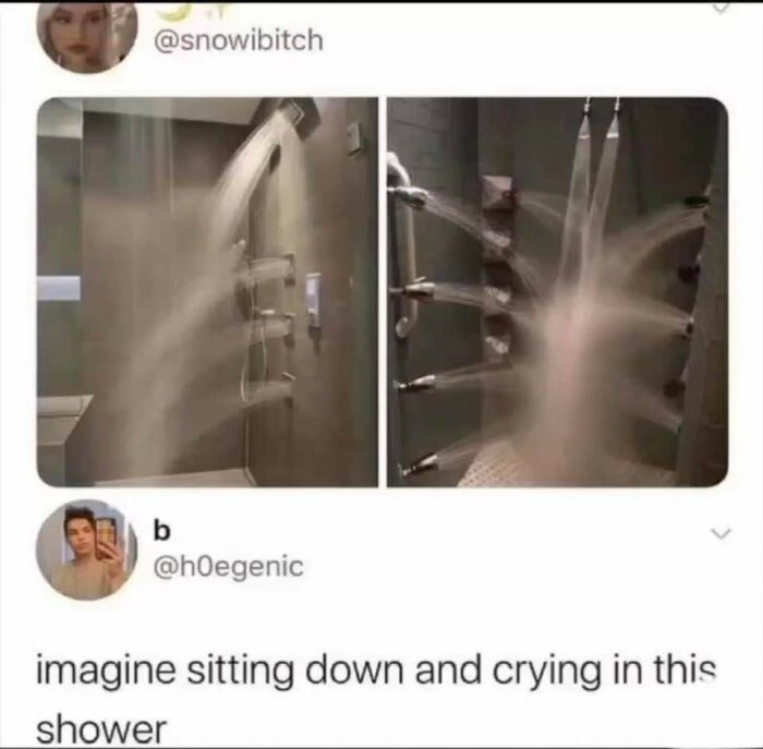 Dubbla bilder av en dusch med flera vattenstrålar från olika håll. Kommentar nedan säger "imagine sitting down and crying in this shower".