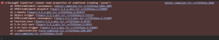 Screenshot av developer-konsolen som visar ett JavaScript-felmeddelande, "Uncaught TypeError: Cannot read properties of undefined (reading 'saved')", med en stack trace.