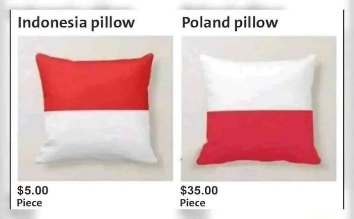 Två olika kuddar, den ena märkt "Indonesia pillow" med röd överdel och vit underdel, och den andra märkt "Poland pillow" med vit överdel och röd underdel.