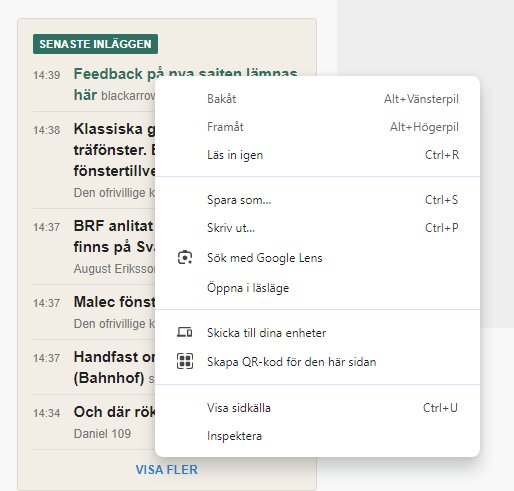 Skärmdump som visar en lista över senaste inläggen till vänster och en högerklickmeny till höger med olika valmöjligheter, inklusive "Öppna i läsläge".