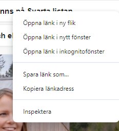Kontekstmeny som visas efter att högerklickat på en länk, med alternativ som "Öppna länk i ny flik", "Öppna länk i nytt fönster" och "Inspektera".