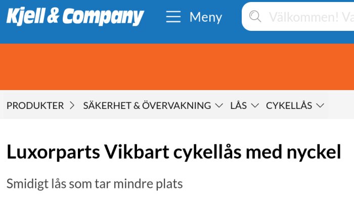 Skärmdump av Kjell & Companys hemsida som visar produkten "Luxorparts Vikbart cykellås med nyckel".