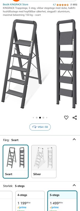 KINGRACK 5-stegs trappstege, svart, maxbelastning 150 kg, vikbar aluminiumstege med halkskydd och säkerhetsräcke, visas på Amazon-produktsida.