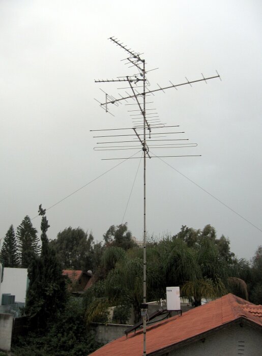 Stor TV-antenn monterad på en lång mast på ett hustak, med träd och molnig himmel i bakgrunden.