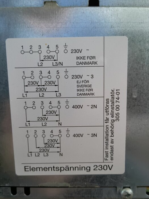 Schema och instruktioner för elektriska anslutningar av spänningselement på 230V och 400V, med varningar om användning i Danmark och Sverige.