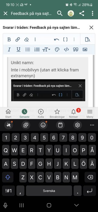 Diskussionstråd om feedback på ny sajt med bild på mobilskärm som visar trepunktsmenyn samt textredigeringsfält.