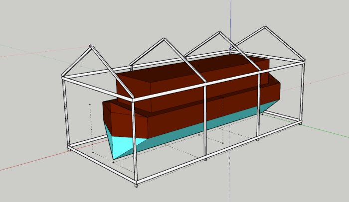 3D-modell av en båthusram med en båt inuti, båthuset är cirka 8x4 meter med takstolar och båten är cirka 8x3 meter och 2,75 meter hög.