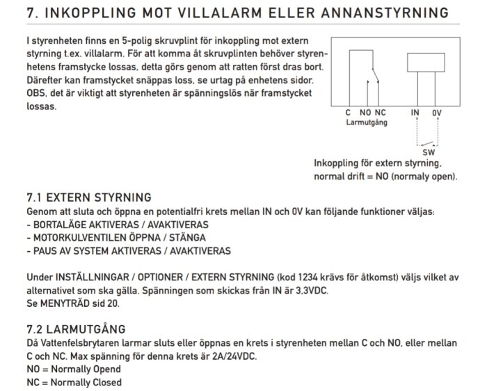 Diagram och instruktion för inkoppling mot villalarm eller annan styrning, beskriver extern styrning och larmutgång på en vattenfelsbrytare.