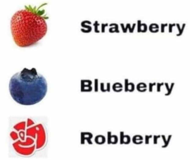 En jordgubbe med texten "Strawberry", ett blåbär med texten "Blueberry" och en logotyp med texten "Robberry".