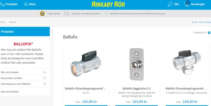 Produktsida för Ballofix ventiler på Rinkaby Rör, med fövarstängningsventiler och väggbrickor, samt deras priser och produktbeskrivningar.