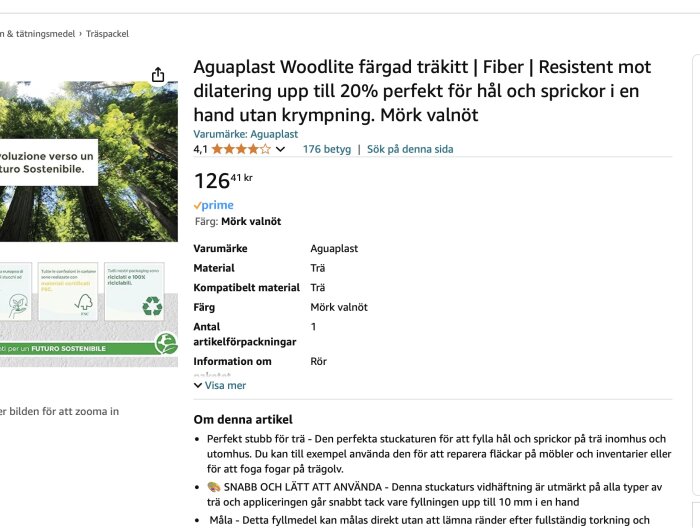 Produktbeskrivning för Aguaplast Woodlite färgad träkitt i mörk valnöt på en webbshop.