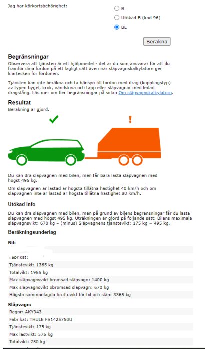 Bild av en släpvagnskalkylator som visar beräknat resultat för en bil och släpvagns kombination, inklusive regler för hastighetsbegränsningar och viktgränser.